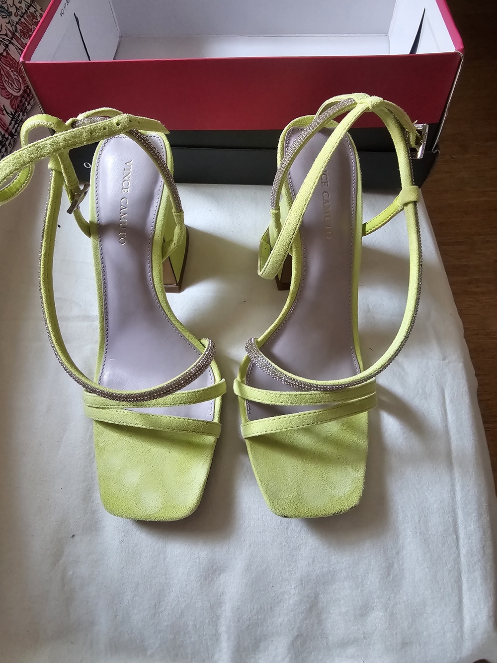 Vince Camuto Kressila Suede Heeled Sandals in the color Acid Lime